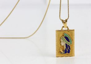 Gold pendant necklace, panel pendant depicting the profile of a lady praying, with enamel detail,