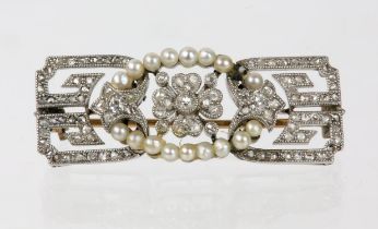 An Art Deco diamond and seed pearl brooch, with rose cut diamonds, set in platinum with a 9ct gold
