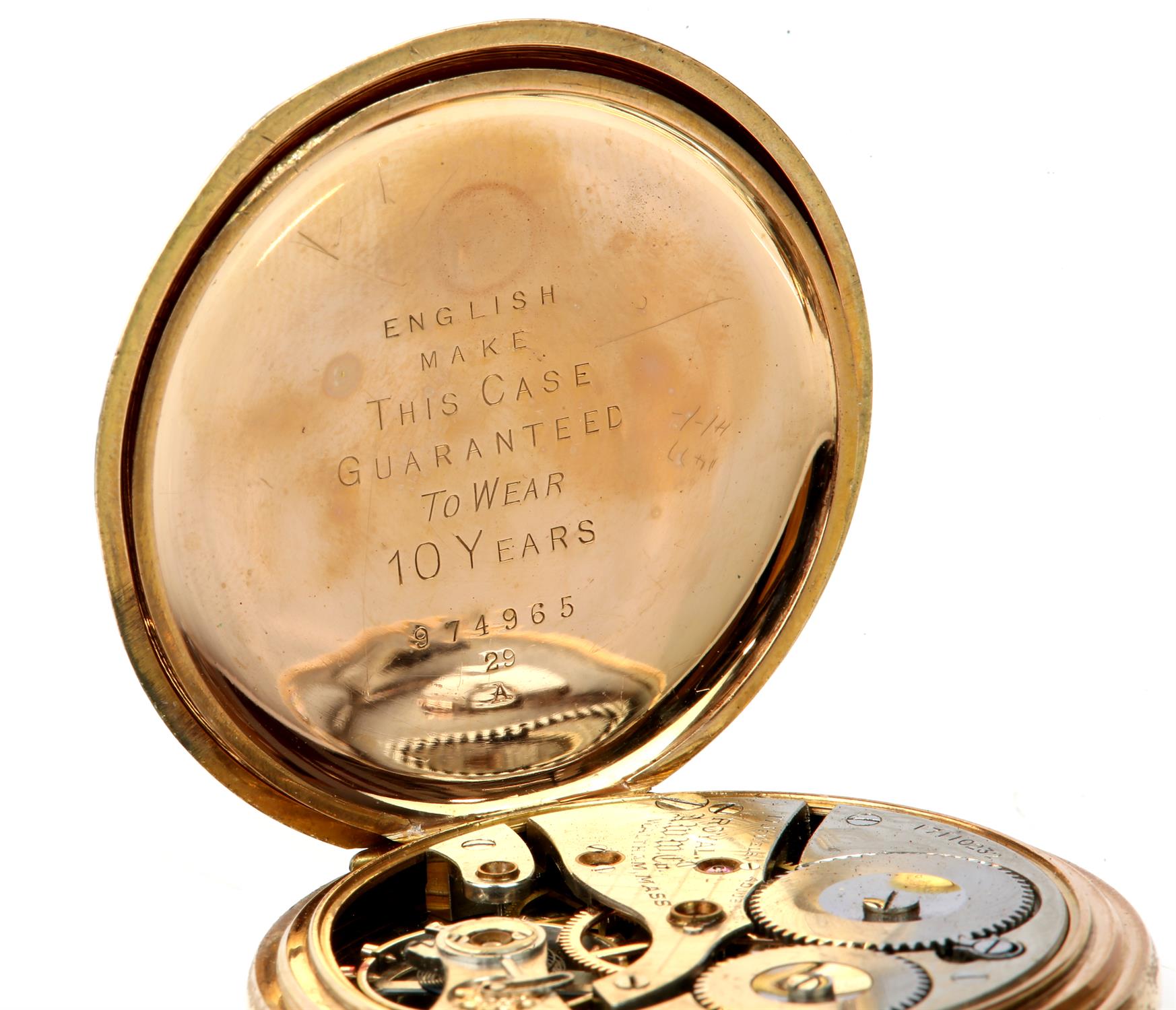 A Waltham Royal open face pocket watch the signed white enamel dial with Arabic numeral hour - Image 4 of 5