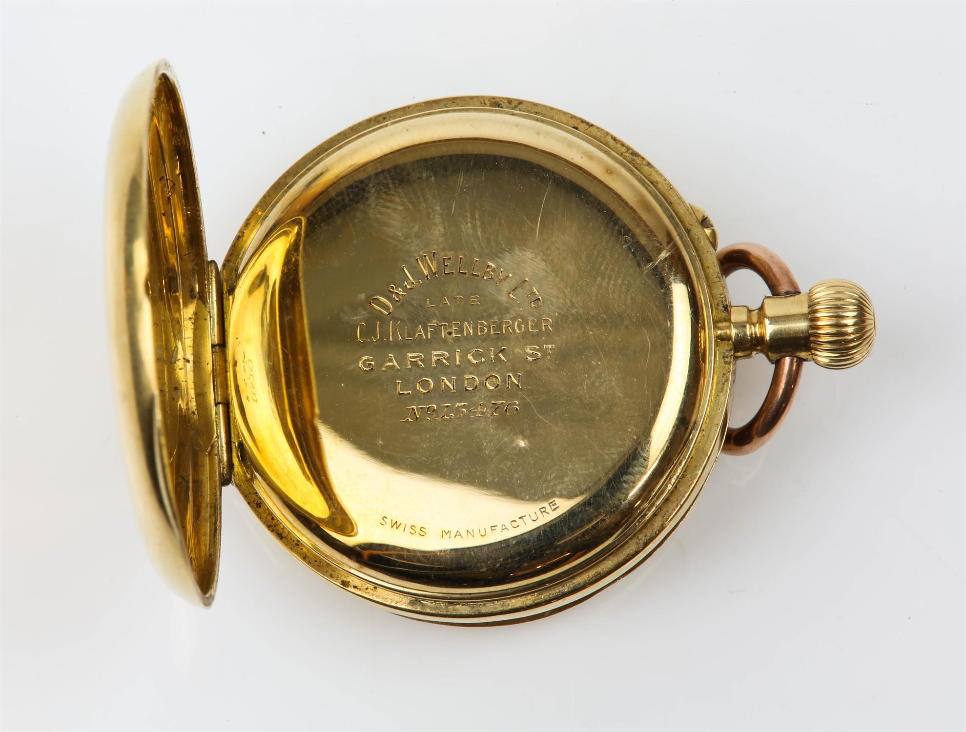 Gold half hunter pocket watch, white enamel dial with Roman numeral hour markers, - Image 3 of 4