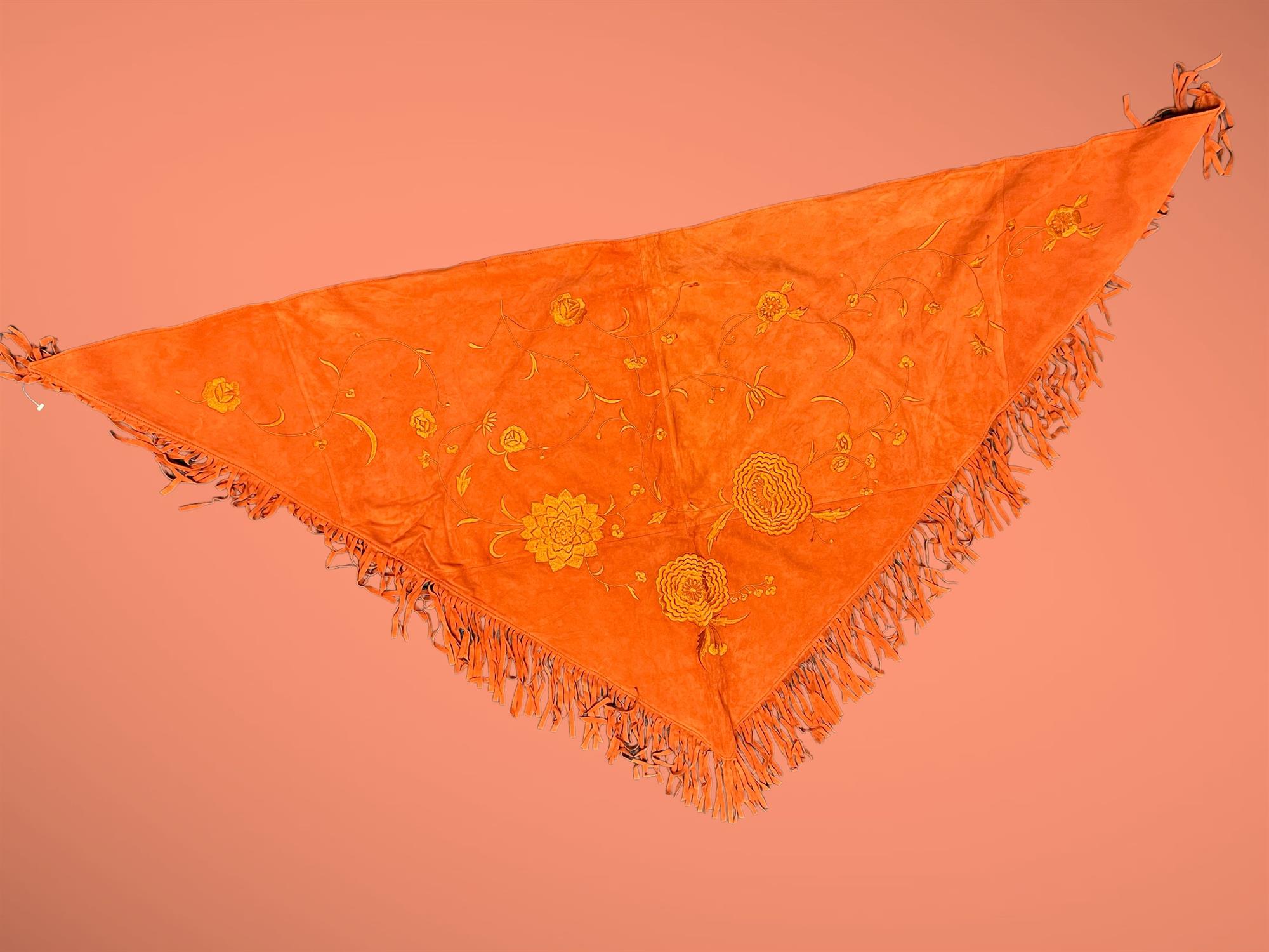 KARMA embroidered fine burnt-orange kid-suede fine-silk lined, triangular fringed ladies shawl - Image 2 of 2