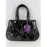 Black patent tooled-leather ASPREY evening bag with lambs-leather interior and gold coloured