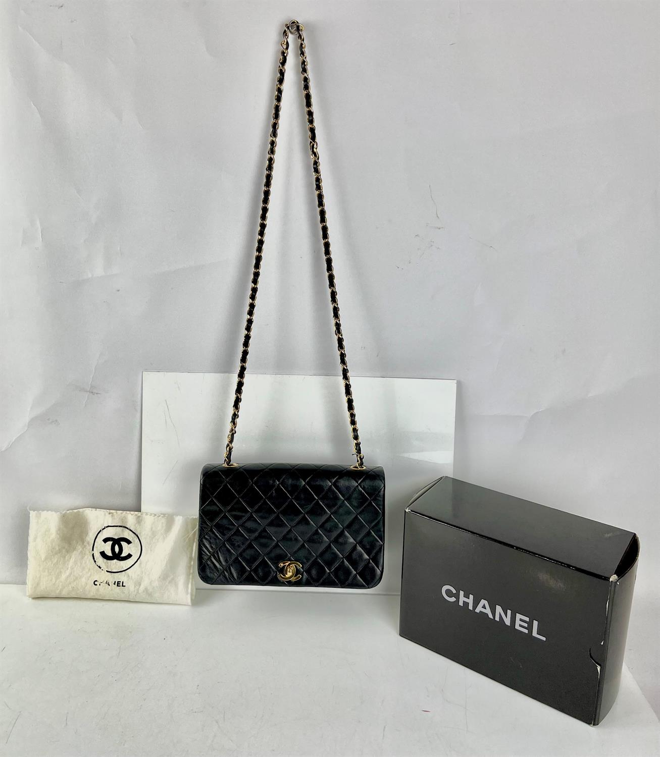 CHANEL vintage black quilted lambs leather single flap bag with gold coloured hardware,