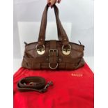 One large brown leather BALLY zip top, double top-handle handbag with brass hardware and long strap.