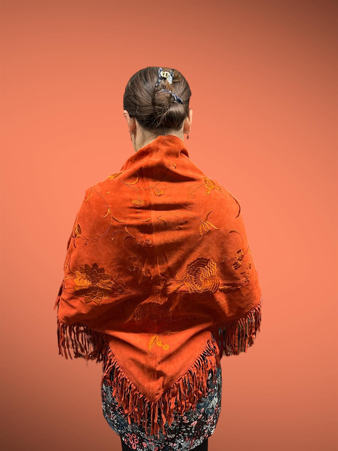 KARMA embroidered fine burnt-orange kid-suede fine-silk lined, triangular fringed ladies shawl