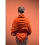 KARMA embroidered fine burnt-orange kid-suede fine-silk lined, triangular fringed ladies shawl