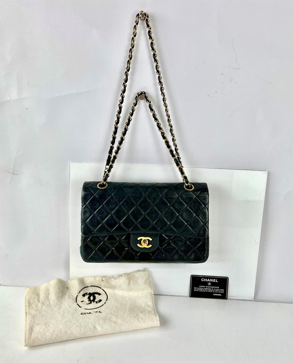 CHANEL vintage 1989-1991 black/dark quilted navy lambs leather double flap bag with gold hardware