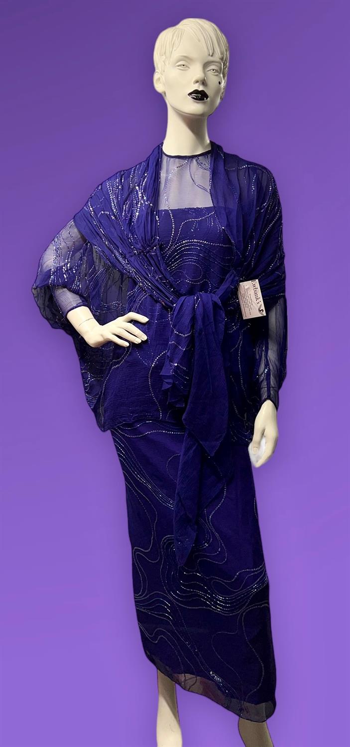 1990s vintage four piece purple silk chiffon high quality sequinned evening/cocktail party outfit