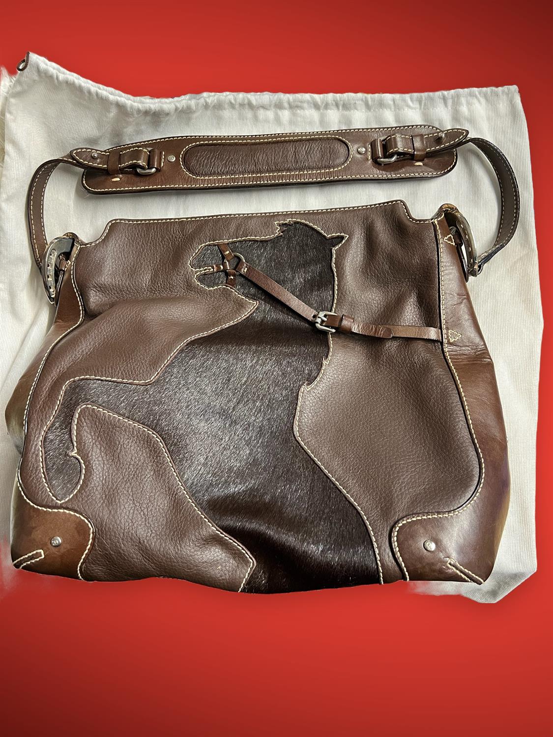 AIGNER chocolate brown leather and pony-skin large equestrian themed top-handle handbag with silver