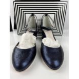 LULU GUINNESS boxed unworn leather iridescent blue "Billie" ankle-strap block-heeled ladies shoes