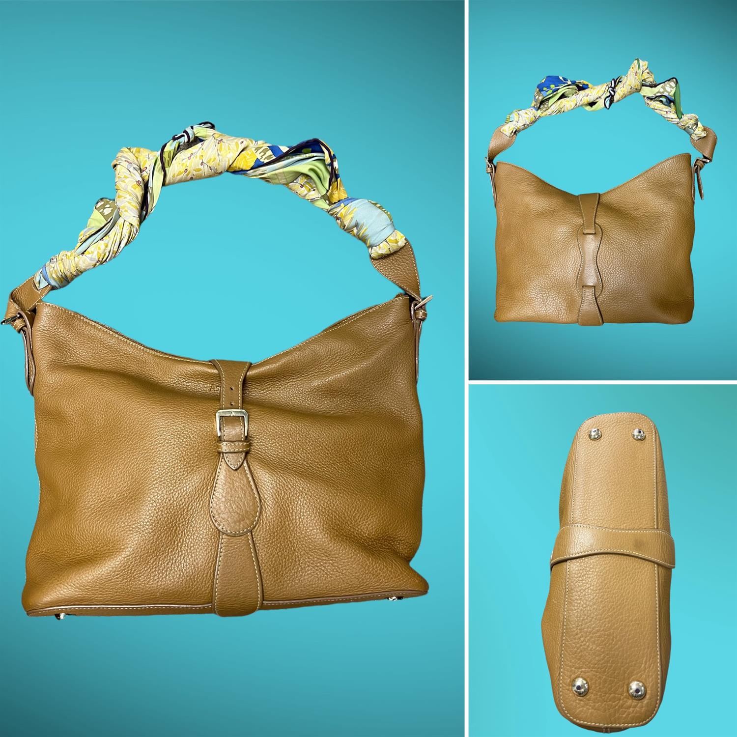 ASPREY LONDON superb Toffee coloured leather shoulder handbag. Silk ASPREY rolled scarf handle with