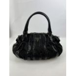 Large black PRADA double top handle handbag in fabric and leather stipes. Silver coloured hardware.