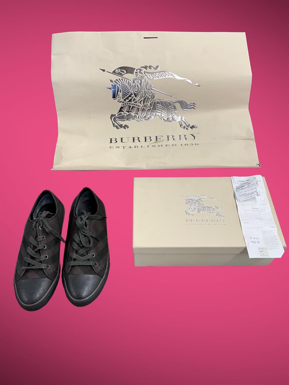 BURBERRY boxed men's chocolate-brown and black unworn lace-up leather-lined canvas trainers size - Image 3 of 3