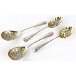 Pair of silver berry spoons, London 1736, and two other silver berry spoons, 8 ozs 252 grams