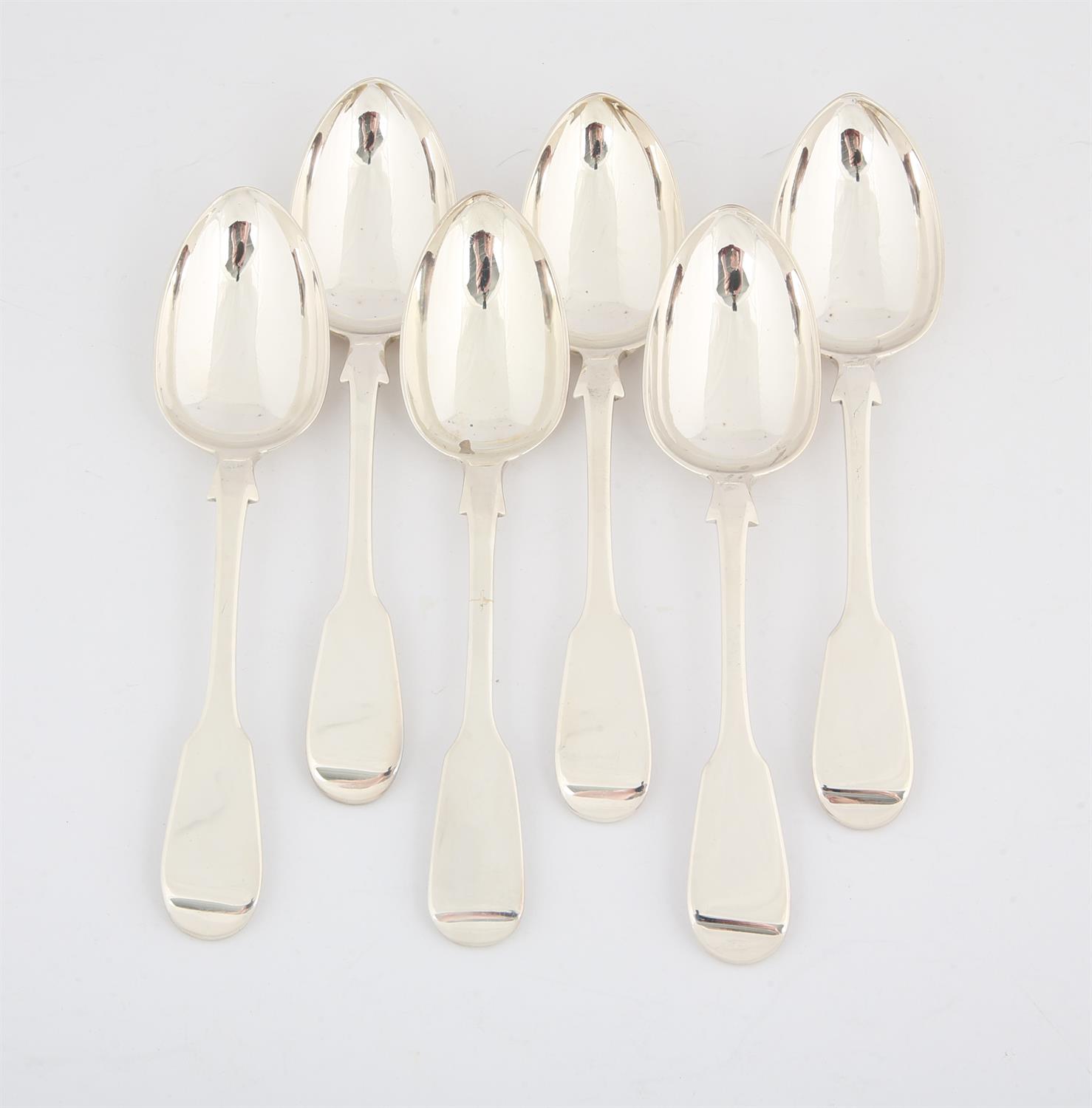 Six Victorian English provincial silver fiddle pattern dessert spoons, all with Exeter hallmarks,