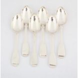 Six Victorian English provincial silver fiddle pattern dessert spoons, all with Exeter hallmarks,