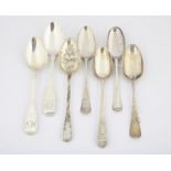 George I Hanoverian pattern spoon 1717, two picture back spoons, and two fiddle pattern table