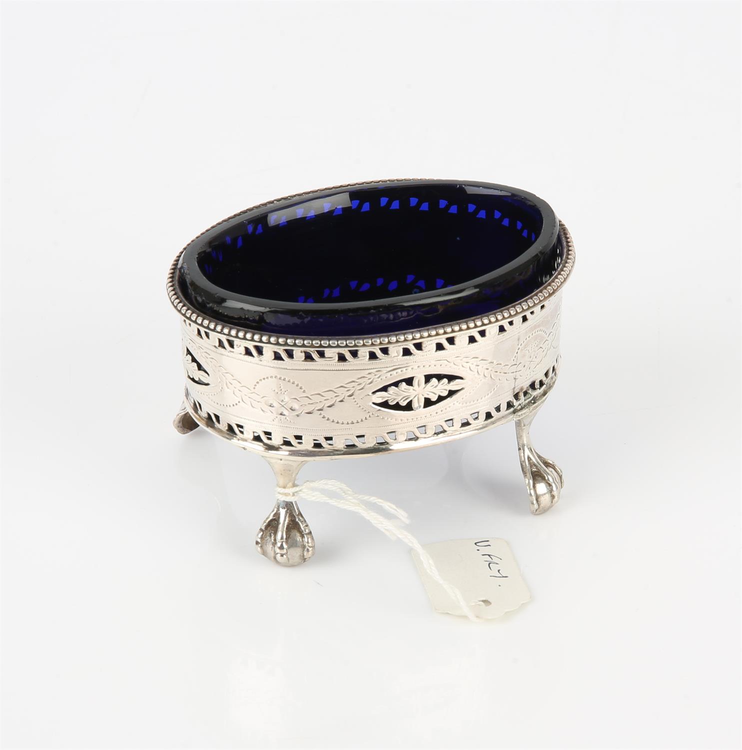 George III oval silver salt with pierced decoration, by Hester Bateman, blue glass liner, 1. - Image 2 of 2