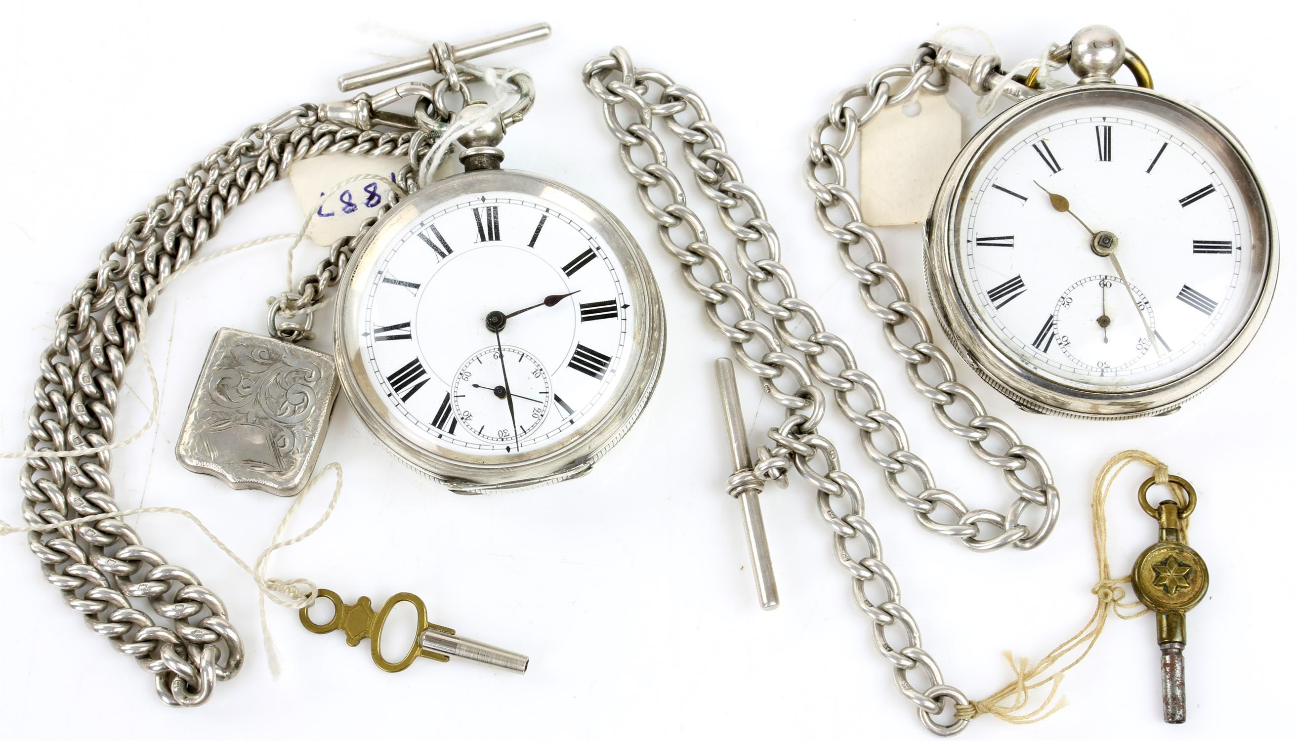Two silver open face pocket watches, both with unsigned white enamel dial, Roman numeral hour