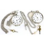 Two silver open face pocket watches, both with unsigned white enamel dial, Roman numeral hour