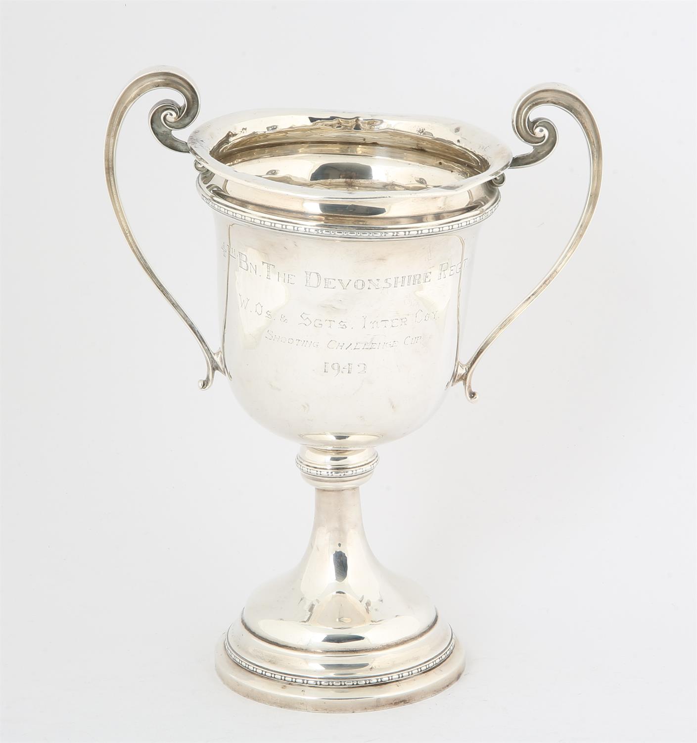 Ttwo handled silver trophy cup, engraved 4th Bn The Devonshire Regt. WOs and sgts Inter coy ,