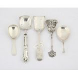 Five various silver caddy spoons SILVER COLLECTION OF SIR RAY TINDLE CBE DL 1926-2022 The