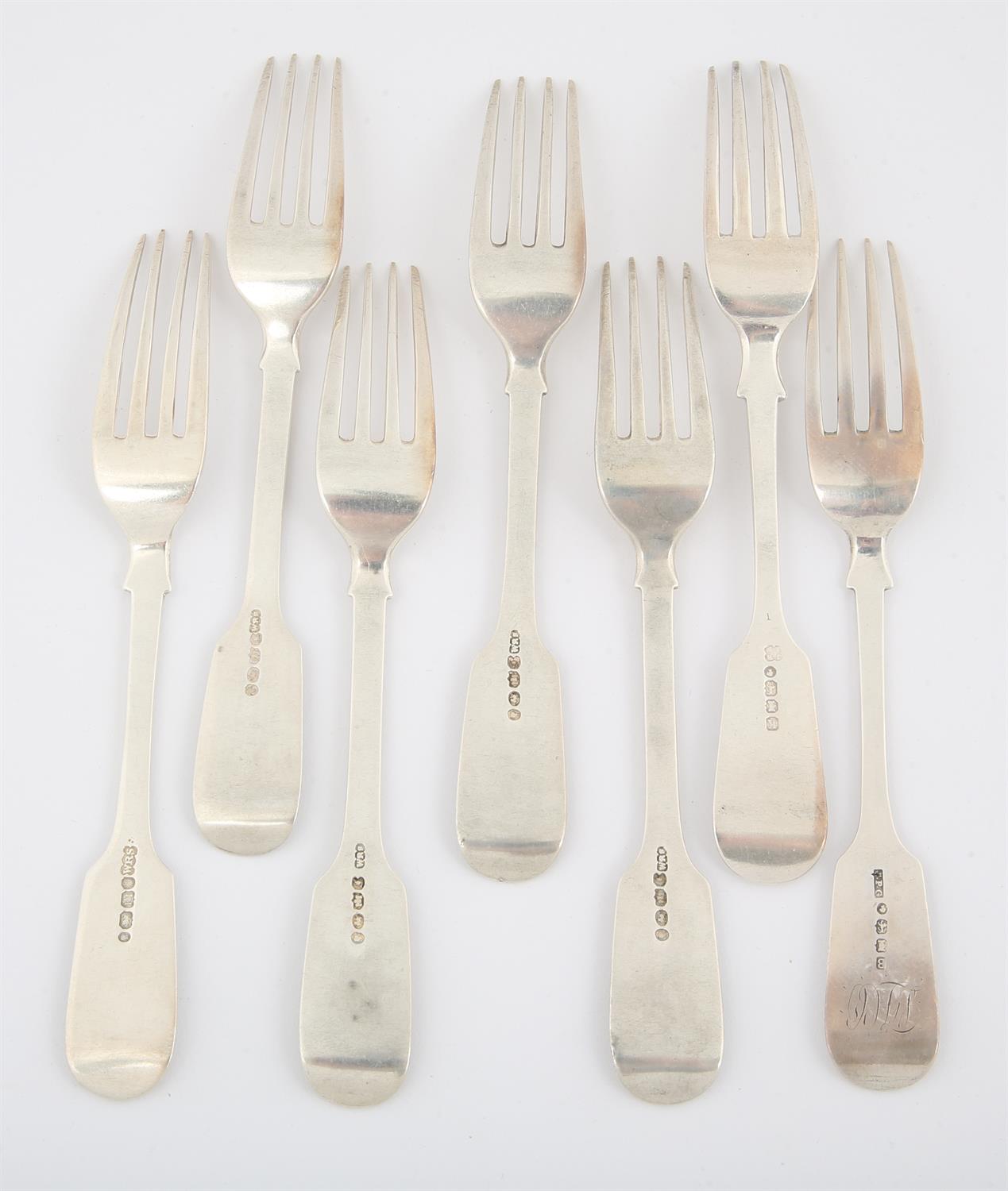 Seven Victorian English provincial silver fiddle pattern dessert forks, all with Exeter hallmarks, - Image 2 of 2