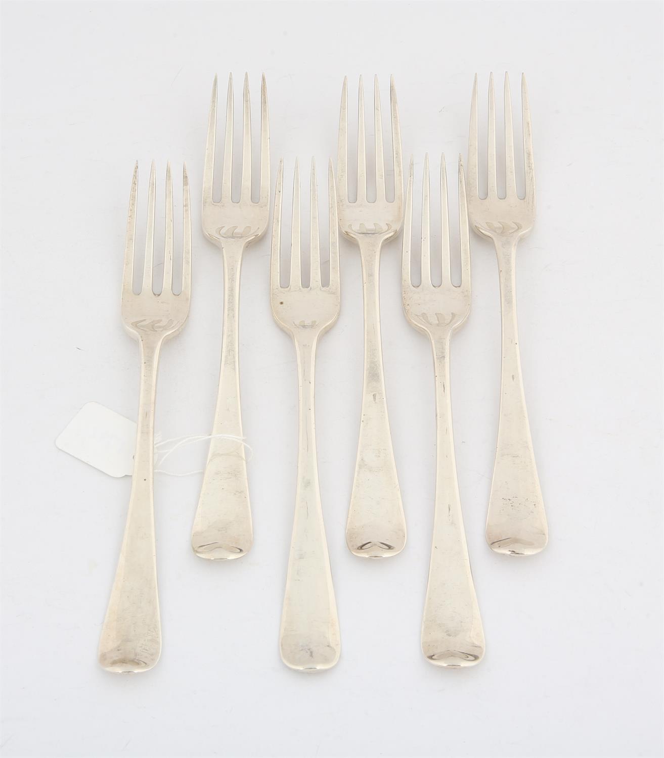 Six George III silver Old English pattern table forks, 12.3 ozs 382 grams SILVER COLLECTION OF