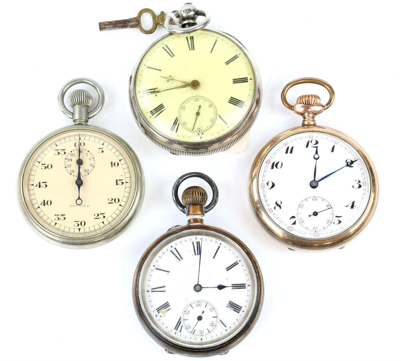Four pocket watches, a silver open face pocket watch, Chester 1895, and three in base metal,