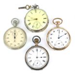 Four pocket watches, a silver open face pocket watch, Chester 1895, and three in base metal,