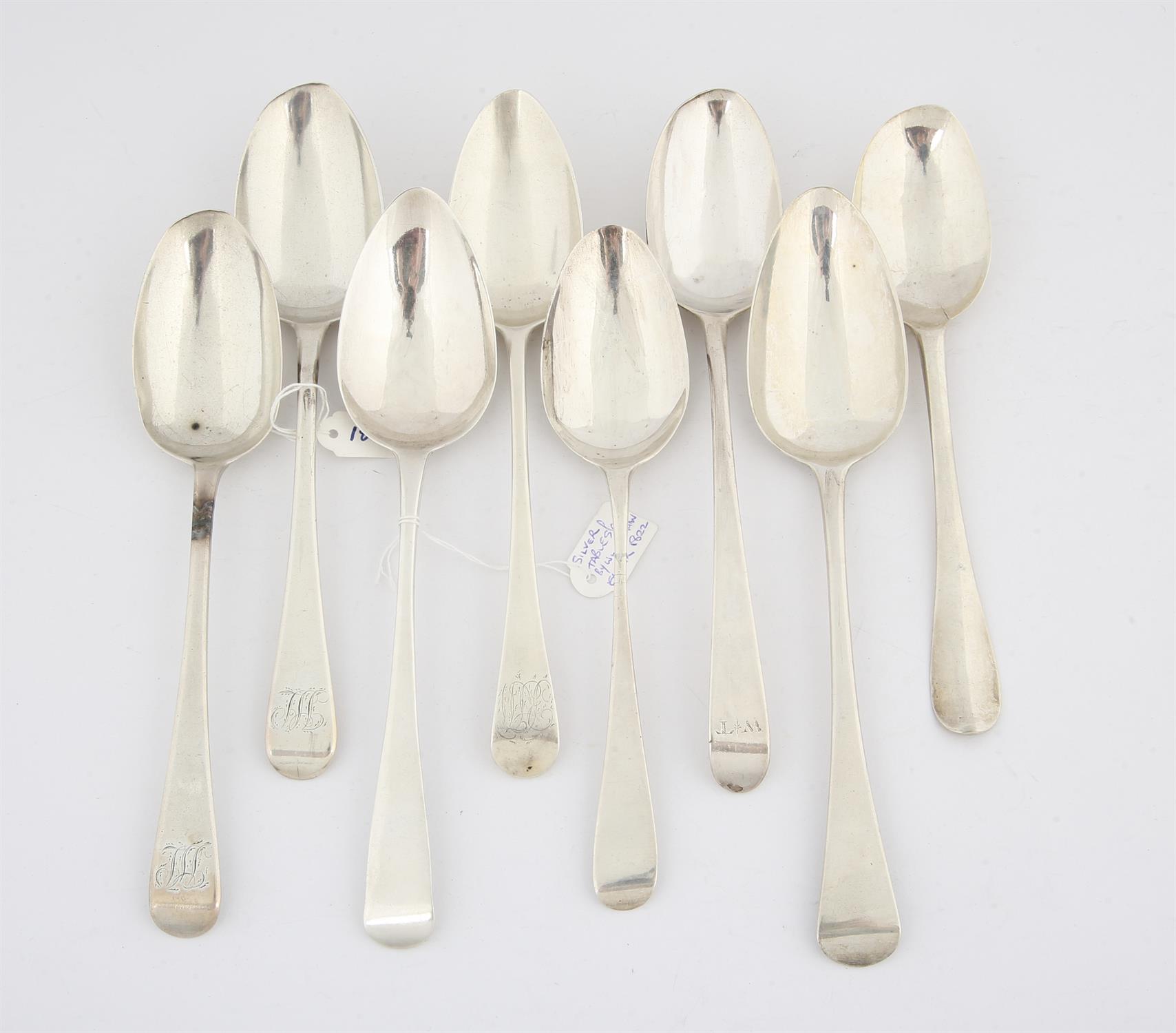 Eight various 18th and 19th century Old English Pattern silver spoons, 14 ozs 438 grams SILVER