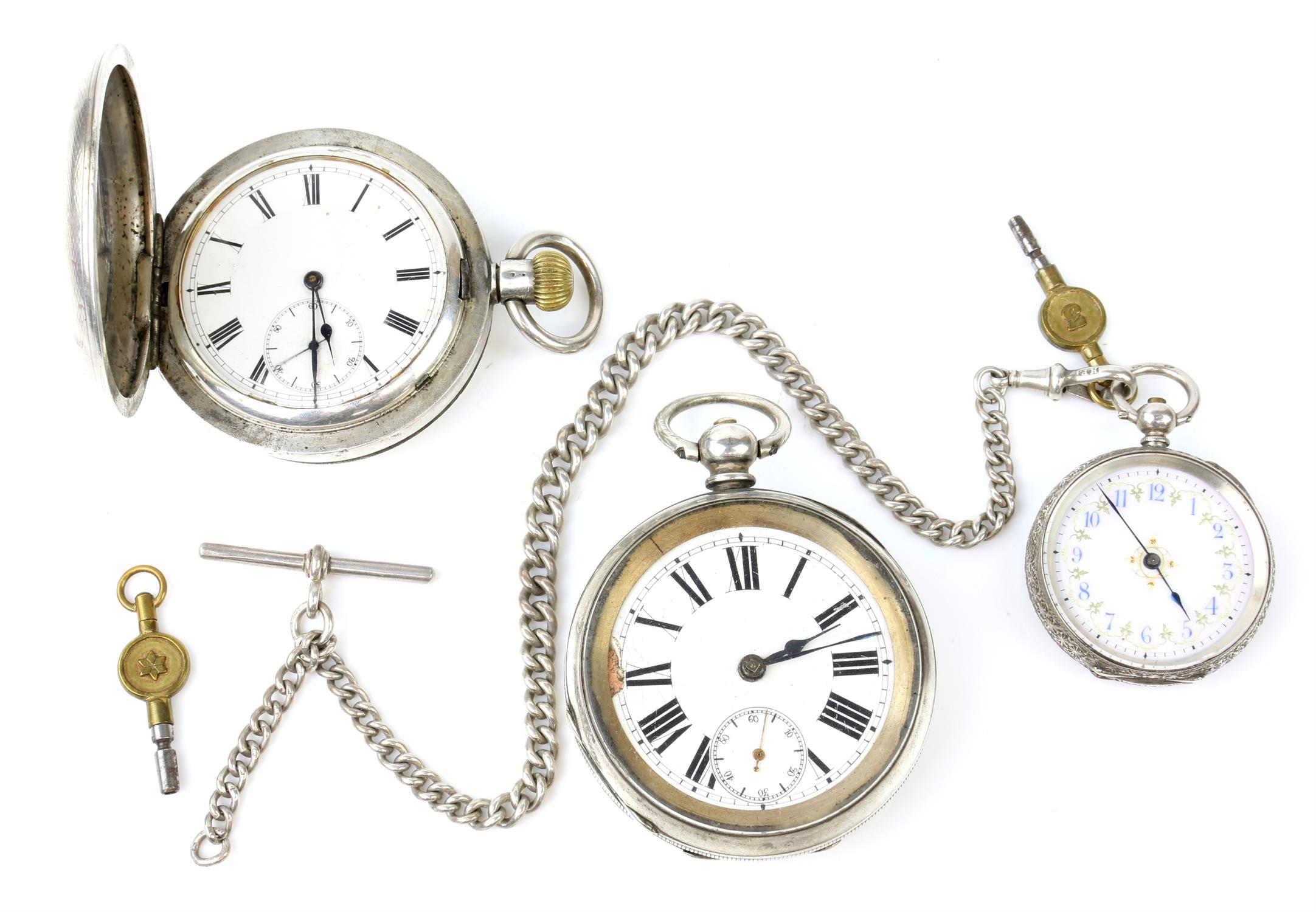 Three Swiss 935 silver pocket watches, including a ladies with an ornate dial and Albert chain,