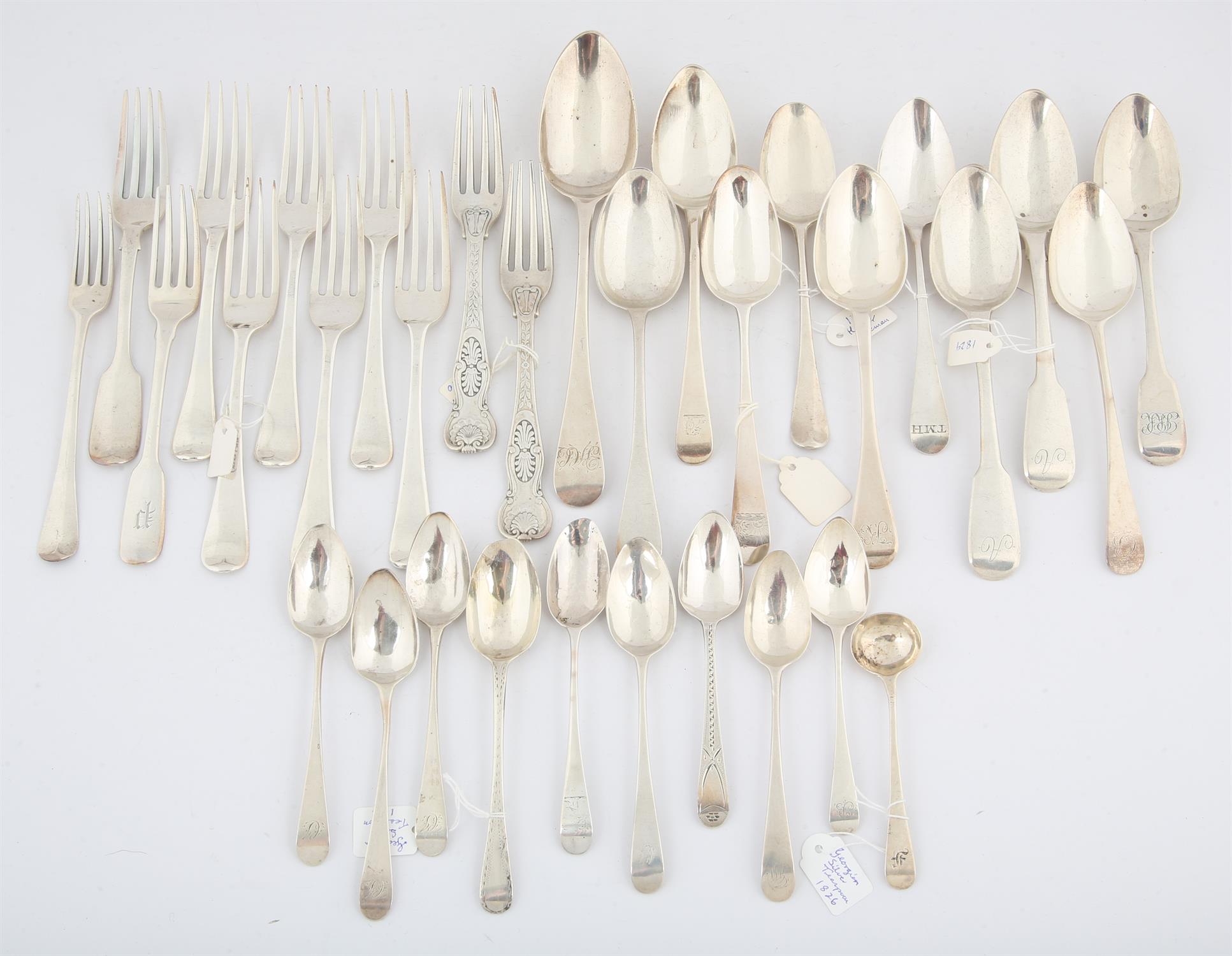 Various George III and later silver flatware, comprising 21 spoons and eleven forks, 32.