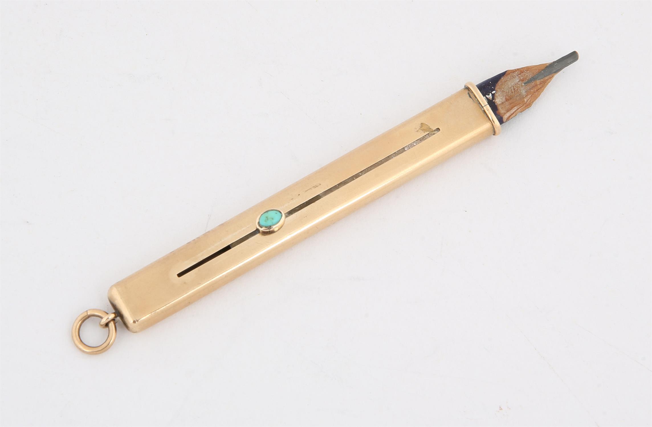 9 carat gold pencil holder with turquoise set stud to slider, gross weight inc. pencil 8.