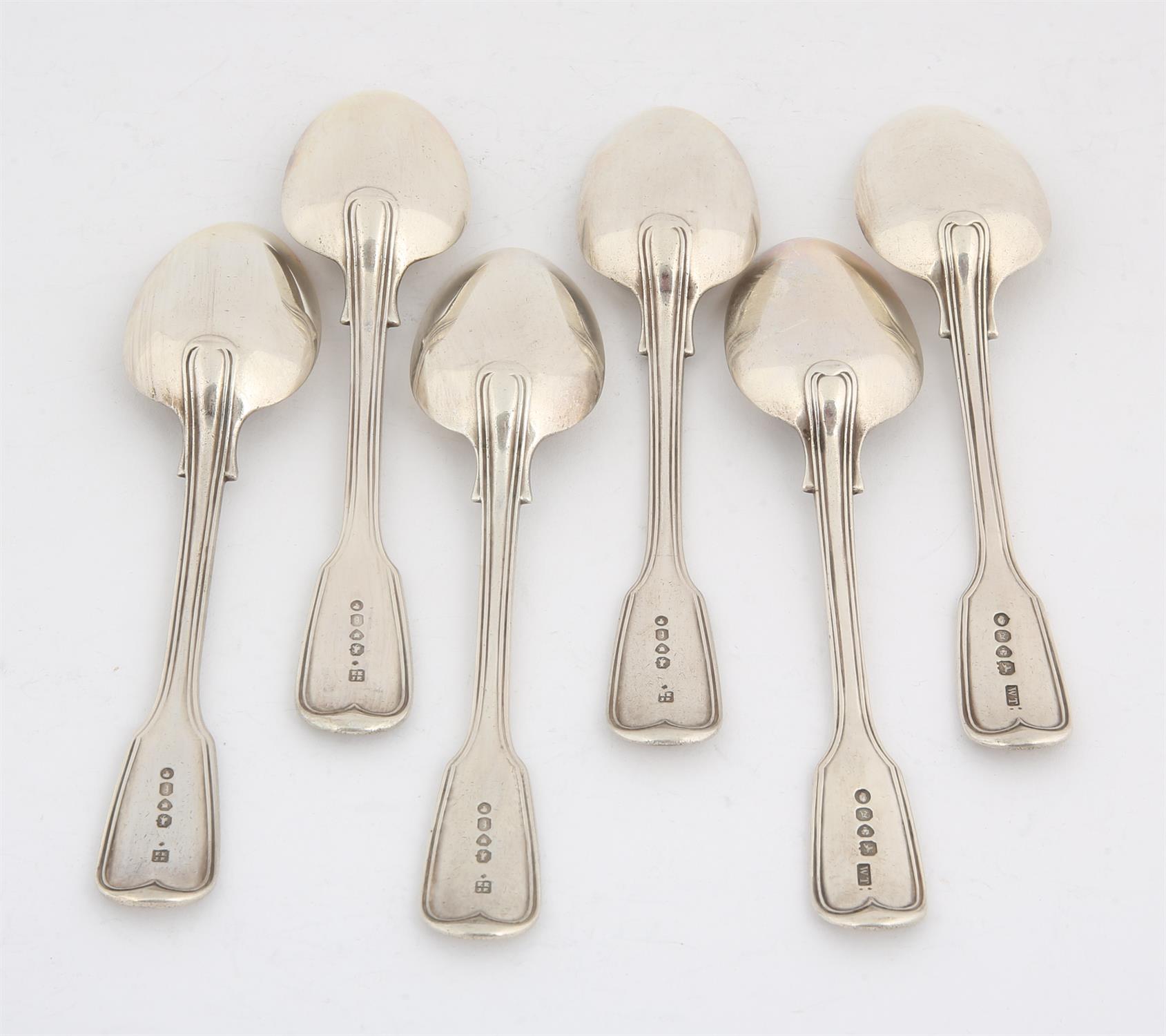Six 19th century silver fiddle and thread dessert spoons, (two dates), 10.8 ozs 337 grams SILVER - Image 2 of 2