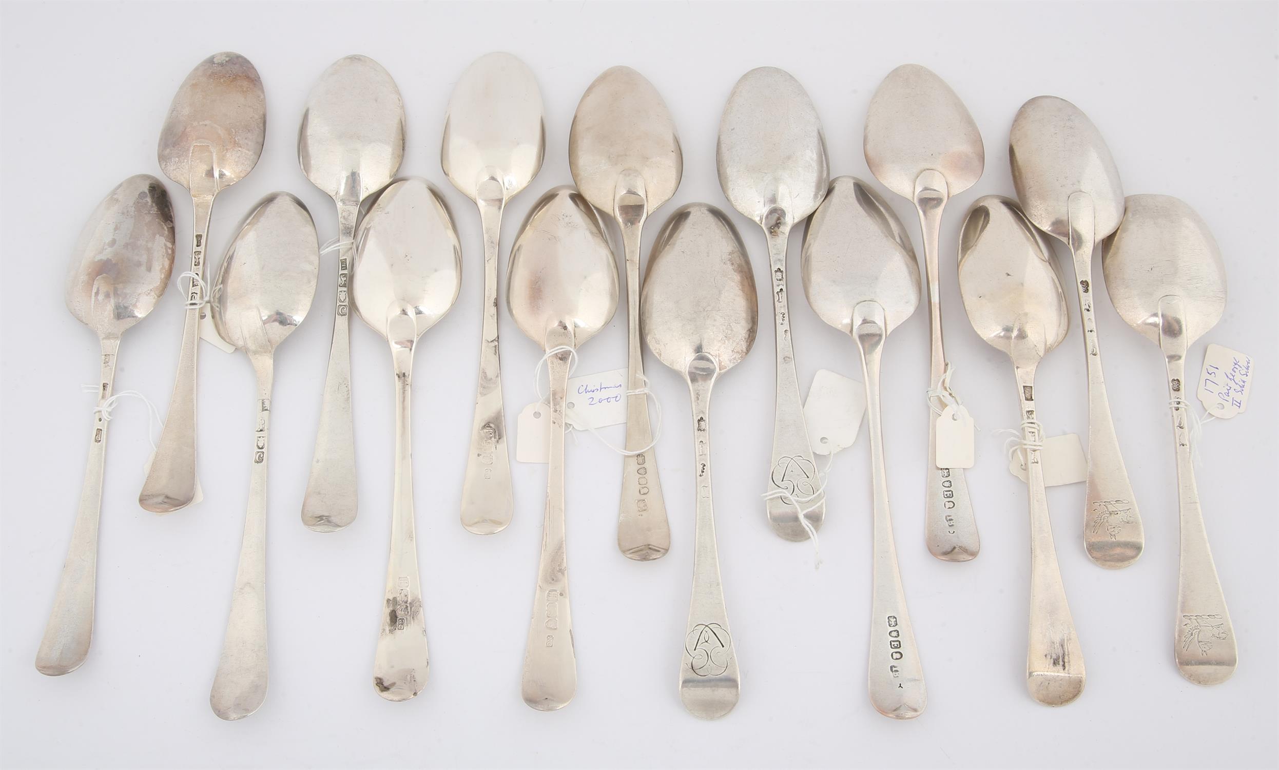 Fifteen eighteenth century silver Old English Pattern table spoons, some pairs and various dates, - Image 2 of 2