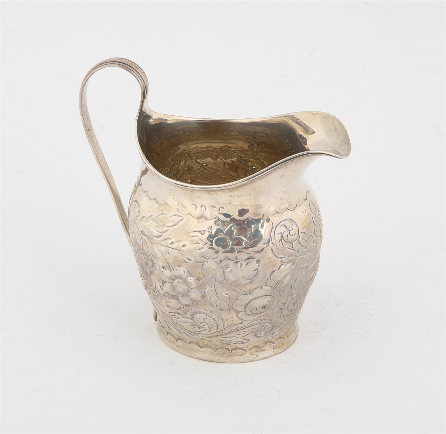 George III silver flat bottom silver cream jug decorated with flowers and foliage, London 1799, 3.