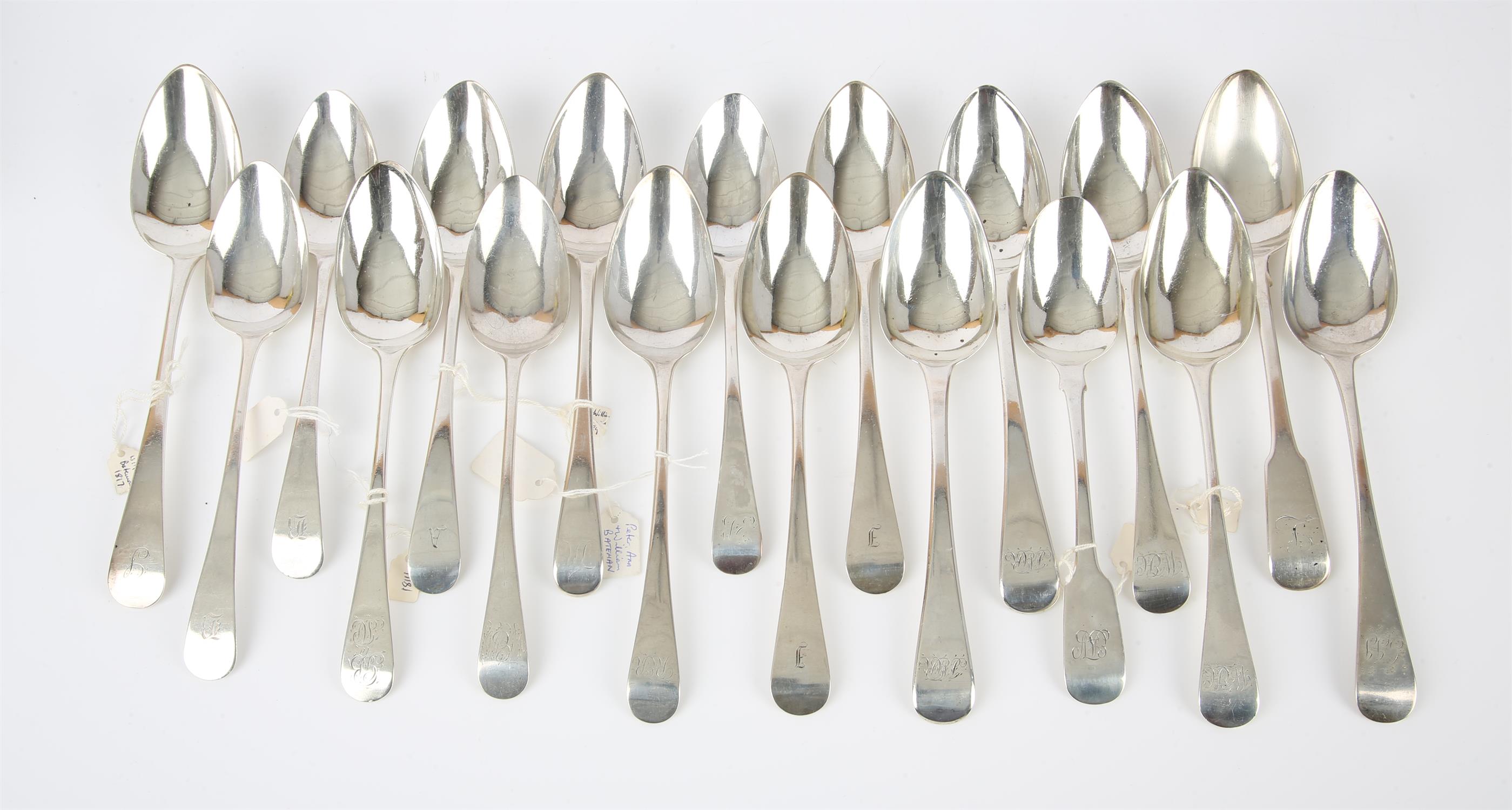 Collection of eighteen George III and later silver table spoons, 35.4 ozs 1102 grams SILVER