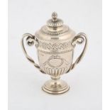 George V silver small cup and cover, with snake twisted handles. London 1926, 3.8 ozs 119 grams