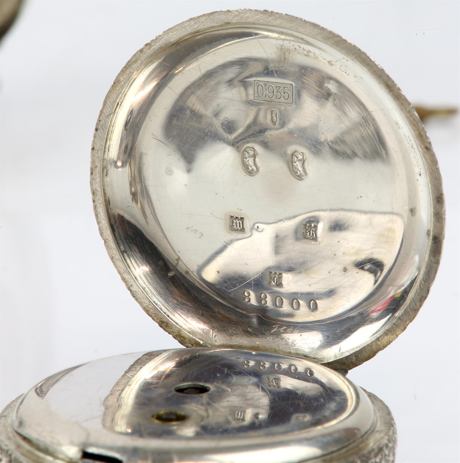 Three Swiss 935 silver pocket watches, including a ladies with an ornate dial and Albert chain, - Image 9 of 9