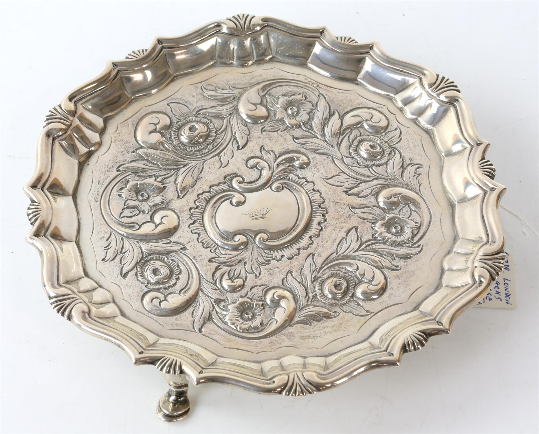 George II silver waiter with embossed flower and foliage decoration, London, 6.5 ozs 204 grams