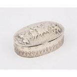 German oval silver table snuff box the cover embossed with a battle scene, marked 930,