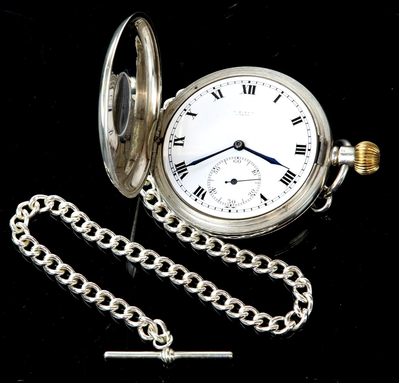 Silver half hunter pocket watch, the white enamel dial signed JW Benson with Roman numeral hour