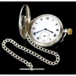 Silver half hunter pocket watch, the white enamel dial signed JW Benson with Roman numeral hour