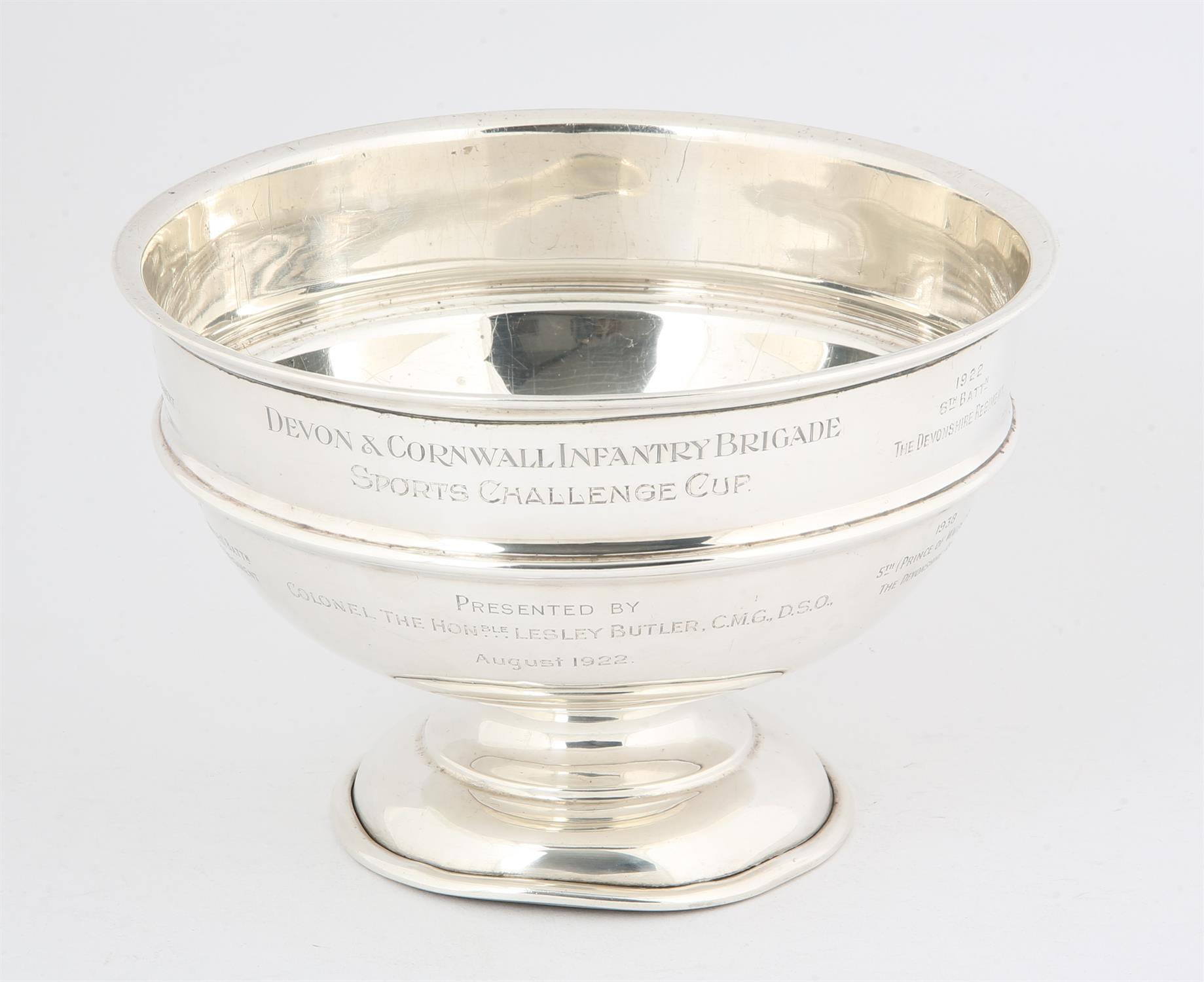 George V silver rose bowl as a Regimental trophy inscribed * Devon and Cornwall infantry brigade