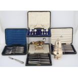 Edward VII silver caster, London 1905, sauce boat London 1904, cased set of six tea spoons and