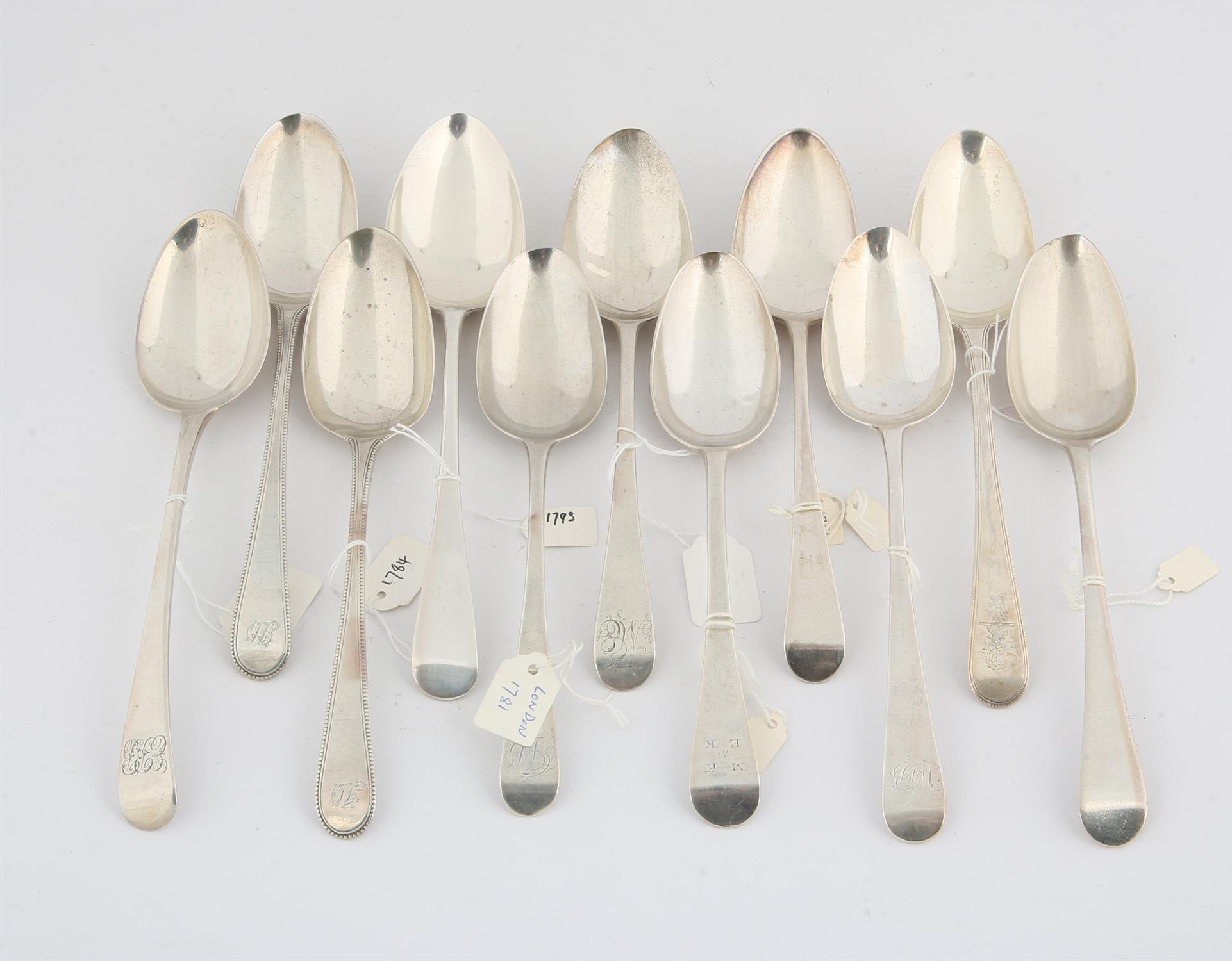 Eleven various 18th century English Old English pattern table spoons, 20.5 ozs 636 grams SILVER