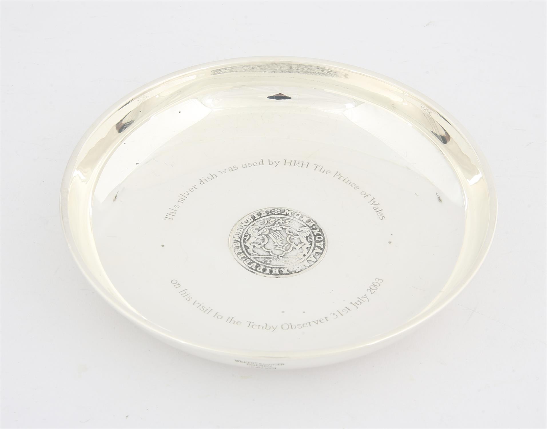Silver dish with coin inset, stamped 935, inscribed "This silver dish was used by H R H Prince of
