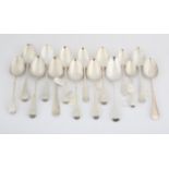 Eleven Old English Pattern silver table spoons and four dessert spoons mostly 18th century, 28 ozs,