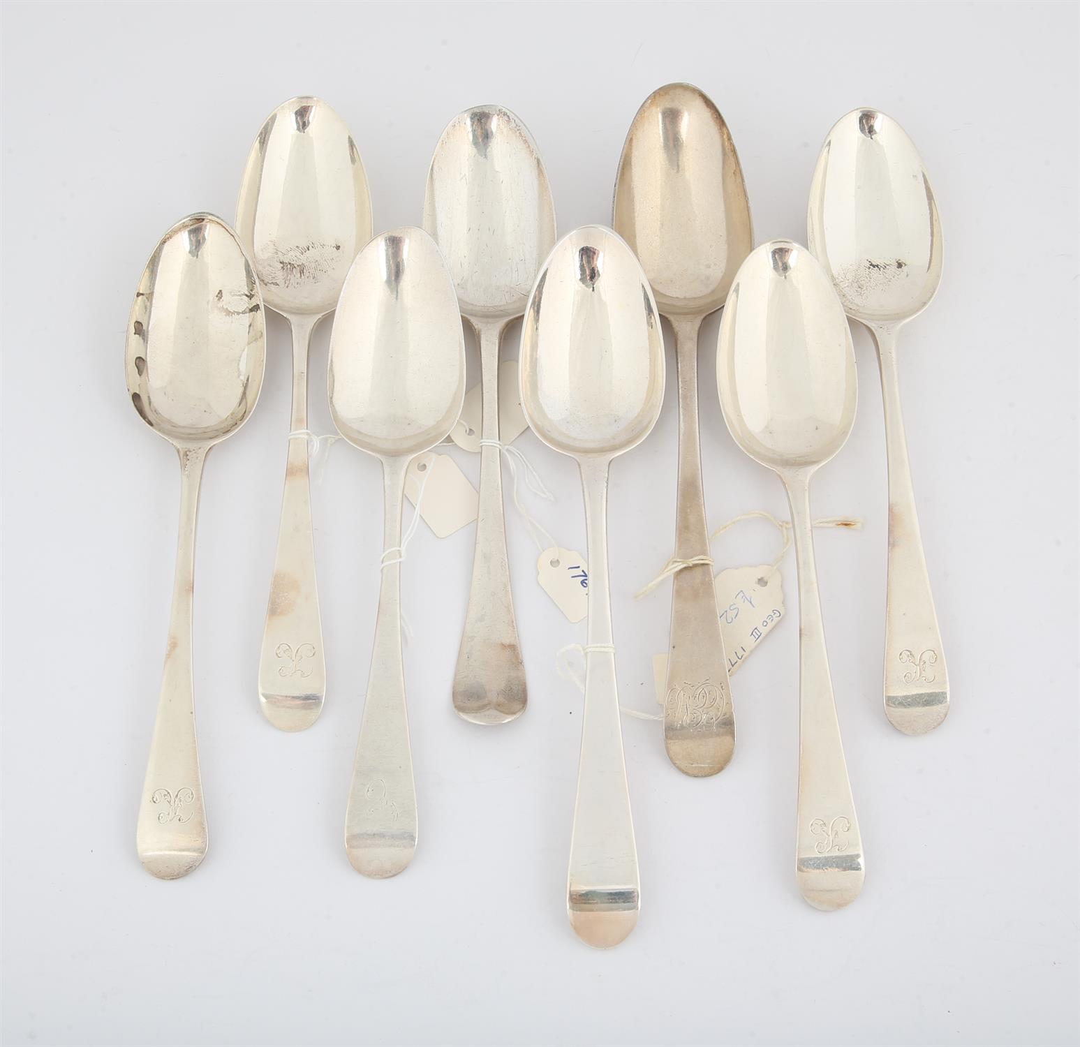 Eight various 18th century Old English pattern spoons, 17 ozs, 538 grams SILVER COLLECTION OF SIR